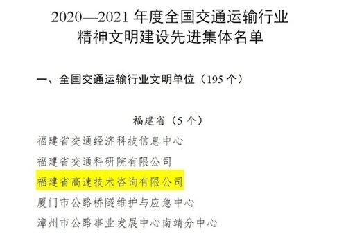 福建高速技術(shù)咨詢公司榮獲全國交通運輸行業(yè)精神文明建設(shè)先進集體榮譽稱號